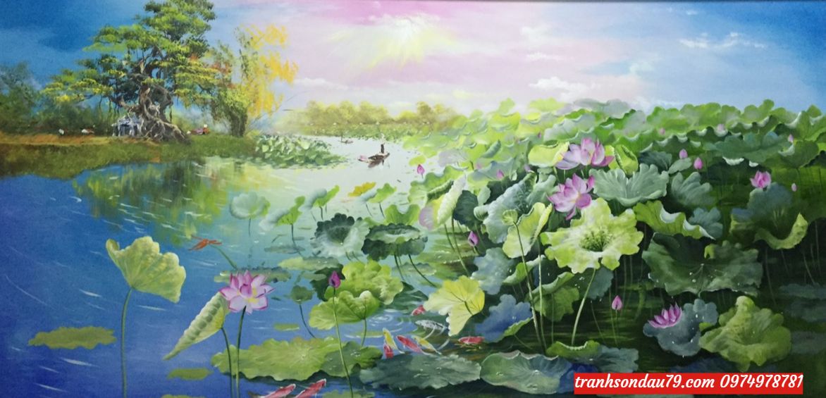 Tranh hoa sen phong cảnh hoa sen đầm sen đẹp ST04 - Tranh sơn dầu Nguyễn  Thái học - Tranh sơn dầu hà nội