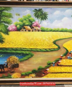 Tranh đồng quê mua lúa chín, tranh sơn dầu đồng quê st24