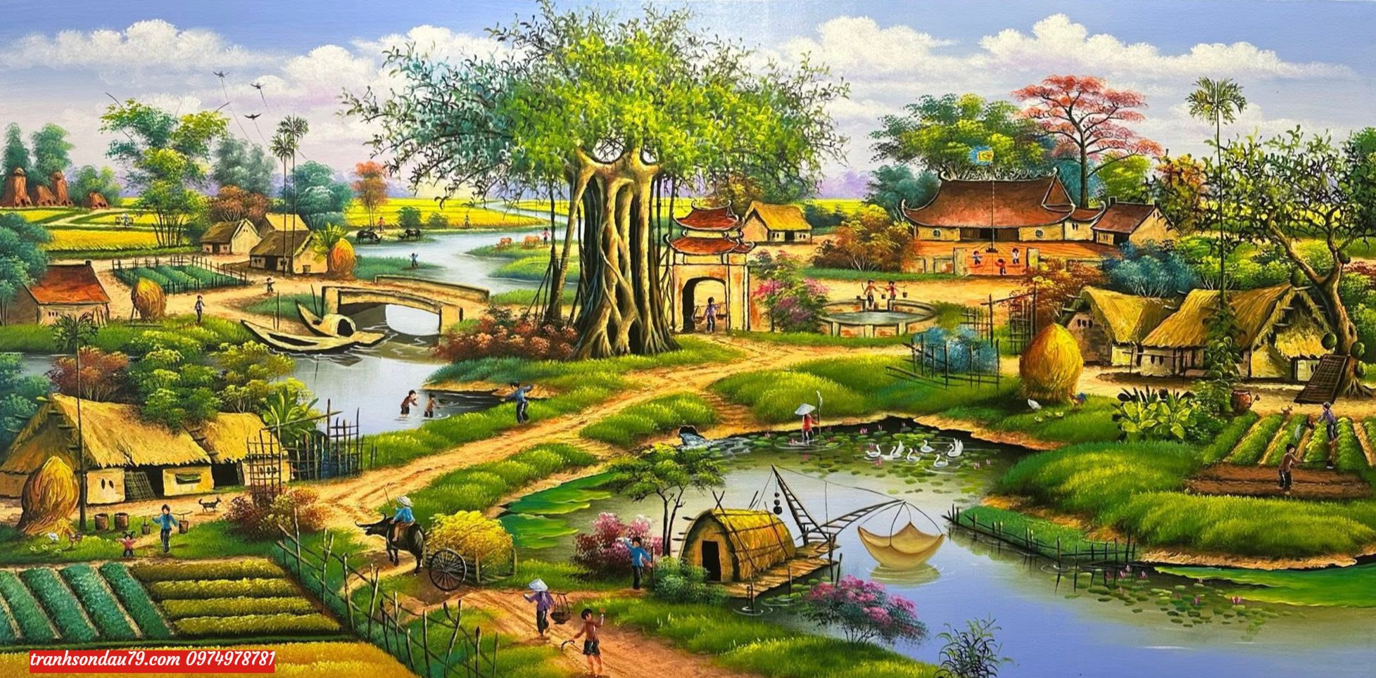 tranh-dong-que-3.jpeg Tranh đồng quê, làng quê yên bình ST08 - Ảnh 1