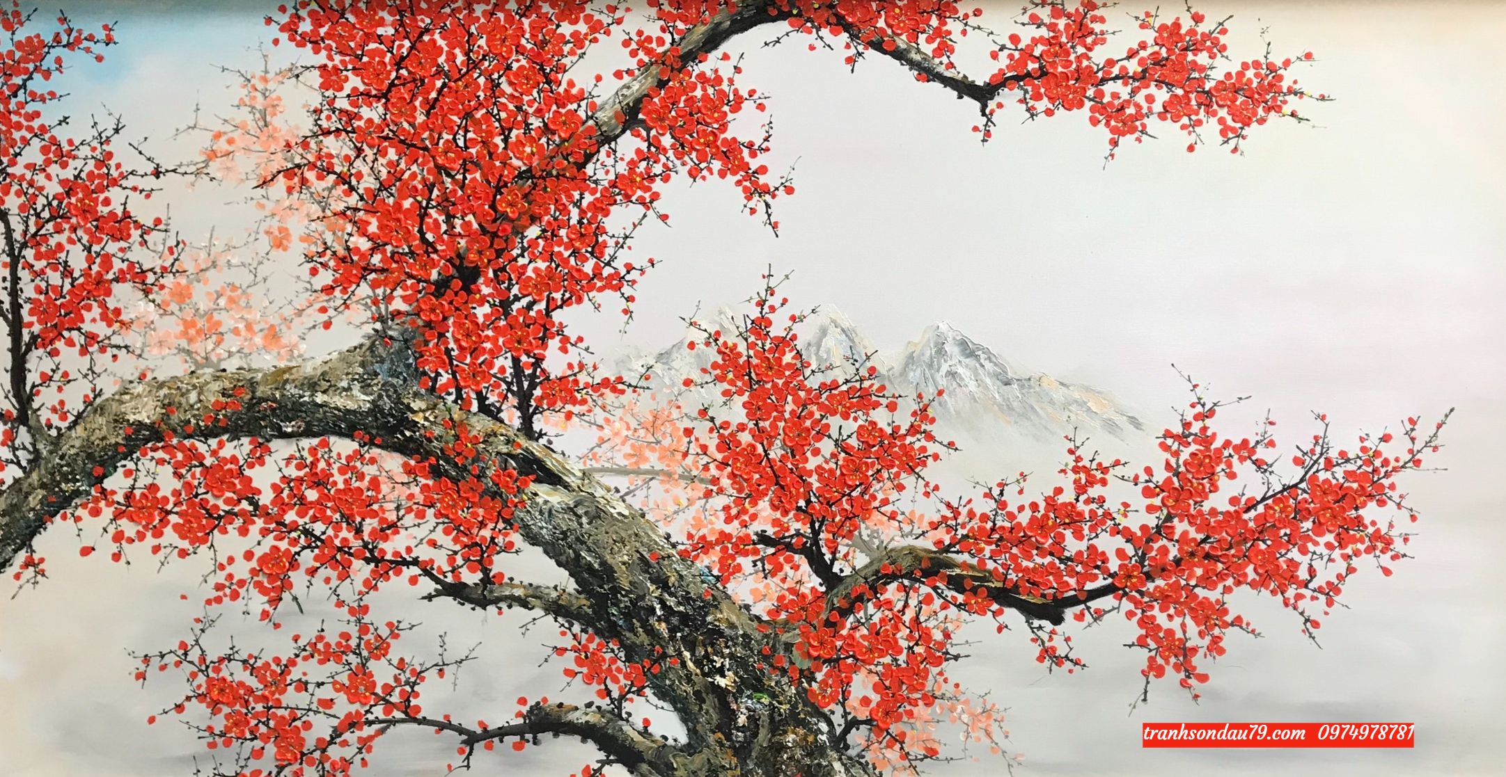 tranh-hoa-dao.jpeg Tranh hoa đào, tranh sơn dầu hoa đào phòng khách ST22 - Ảnh 1